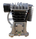 An industrial pneumatic double-acting air compressor cylinder with a silver cast aluminum body, black ribbed pistons, and a black electrical connector, isolated on a white background.