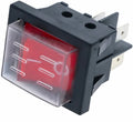 A black plastic toggle switch with a clear protective cover over a red button, shown on a plain white background.